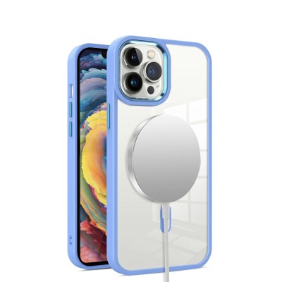 For iPhone 14 PRO MAX 6.7" Greatest Clear Acrylic [Magnetic Circle] ShockProof ToughThick Metal Button Hybrid - Light Blue