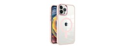 For iPhone 14 PRO MAX 6.7" Greatest Clear Acrylic [Magnetic Circle] ShockProof ToughThick Metal Button Hybrid - Light Pink