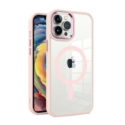 For iPhone 14 PRO MAX 6.7" Greatest Clear Acrylic [Magnetic Circle] ShockProof ToughThick Metal Button Hybrid - Light Pink