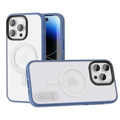 For iPhone 14 PRO MAX 6.7" Hoop Kickstand [Magnetic Circle] HD Transparent Chrome Hybrid - Sky Blue