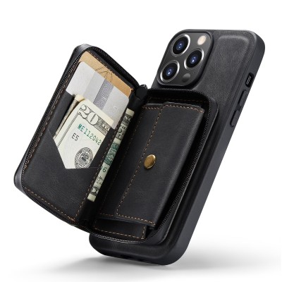 For iPhone 14 PRO MAX 6.7" Jewel Wallet Design with Stitched PU Leather ID Card Money Holder Zipper Case - Black