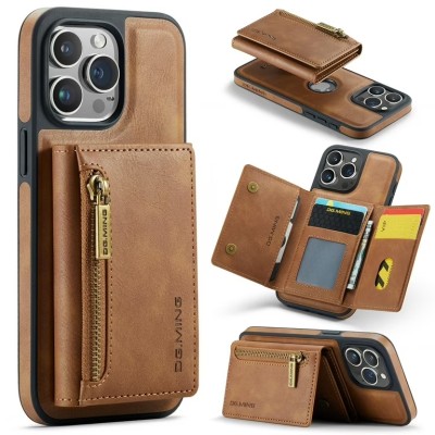 For iPhone 14 PRO MAX 6.7" Jewel Wallet Design with Stitched PU Leather ID Card Money Holder Zipper Case - Brown