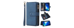 For iPhone 14 PRO MAX 6.7" Jewel Wallet Design with Stitched PU Leather ID Card Money Holder Zipper Case - Navy Blue