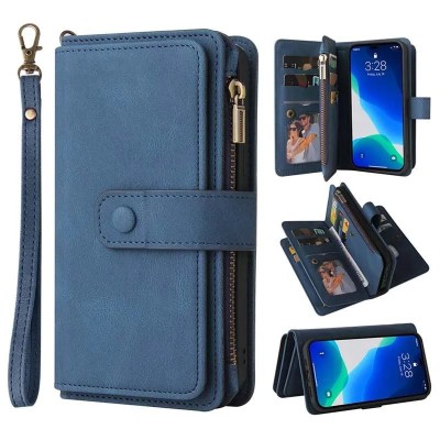 For iPhone 14 PRO MAX 6.7" Jewel Wallet Design with Stitched PU Leather ID Card Money Holder Zipper Case - Navy Blue