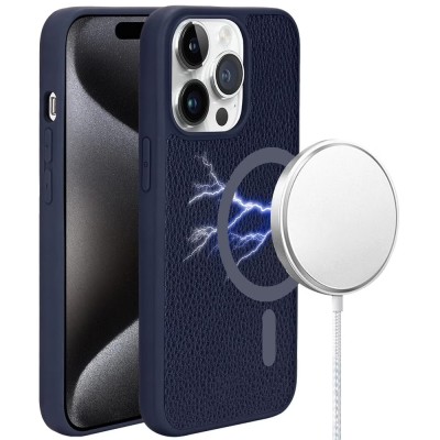 For iPhone 14 PRO MAX 6.7" METKASE Apple-Peel Stick PU Leather [Magnetic Circle] Premium Hybird Case - Dark Blue