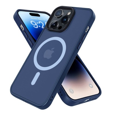 For iPhone 14 PRO MAX 6.7" METKASE Boundless Liquid Silicone [Magnetic Circle] Thick Lined Design Hybrid Case - Dark Blue