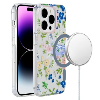 For iPhone 14 PRO MAX 6.7" METKASE Double Protection IMD Design Pattern [Magnetic Circle] Premium Case - Colorful Floral