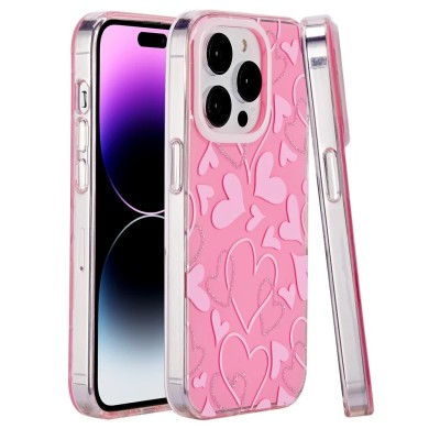For iPhone 14 PRO MAX 6.7" METKASE Double Protection IMD Design Pattern [Magnetic Circle] Premium Case - Hearts