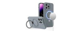 For iPhone 14 PRO MAX 6.7" METKASE Premium Magnetic Circle Ring Stand LIQUID Silicone in Slide-Out Package - Grey