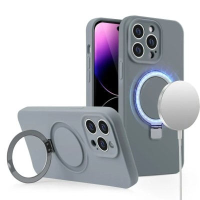 For iPhone 14 PRO MAX 6.7" METKASE Premium Magnetic Circle Ring Stand LIQUID Silicone in Slide-Out Package - Grey