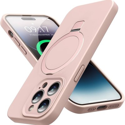 For iPhone 14 PRO MAX 6.7" METKASE Premium Magnetic Circle Ring Stand LIQUID Silicone in Slide-Out Package - Light Pink