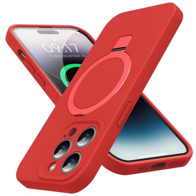 For iPhone 14 PRO MAX 6.7" METKASE Premium Magnetic Circle Ring Stand LIQUID Silicone in Slide-Out Package - Red