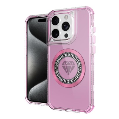 For iPhone 14 PRO MAX 6.7" Magnetic Ring Circle Bling Chrome 3in1 Hybrid Case - Pink