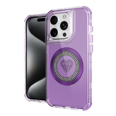For iPhone 14 PRO MAX 6.7" Magnetic Ring Circle Bling Chrome 3in1 Hybrid Case - Purple