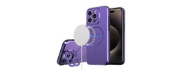For iPhone 14 PRO MAX 6.7" Magnetic Ring Circle Camera Cap KickStand Hybrid UV Paint Matte Finish Case - Purple