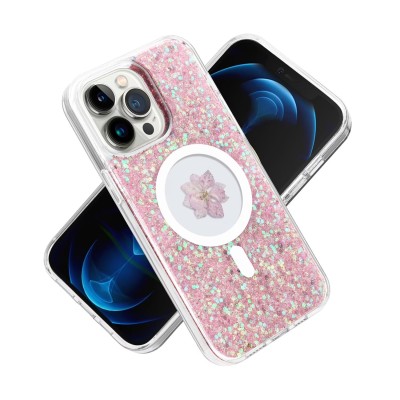 For iPhone 14 PRO MAX 6.7" Magnetic Ring Circle Real Flower Epoxy Glitter Hybrid Case Cover - Light Purple