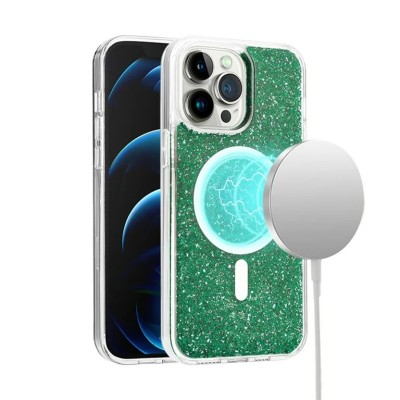 For iPhone 14 PRO MAX 6.7" Magnetic Ring Circle Real Flower Epoxy Glitter Hybrid Case Cover - Green