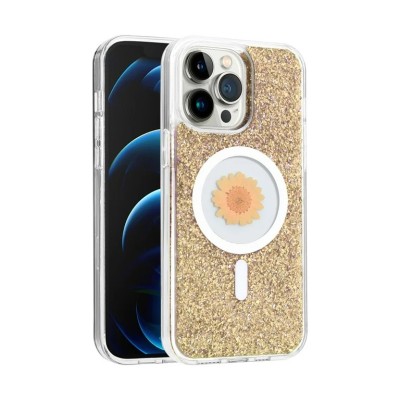 For iPhone 14 PRO MAX 6.7" Magnetic Ring Circle Real Flower Epoxy Glitter Hybrid Case Cover - Rose Gold