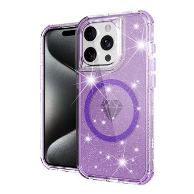 For iPhone 14 PRO MAX 6.7" Magnetic Ring Glitter 3in1 Hybrid Case Cover - Purple
