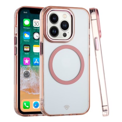 For iPhone 14 PRO MAX 6.7" Magnetic Ring Radiator Design Hybrid with Metal Buttons Case Coverr - Light Pink