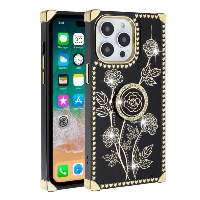 For iPhone 14 PRO MAX 6.7" Magnetic Ring Stand Square Passion Hearts Glitter Case Cover - Black
