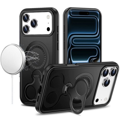 For iPhone 14 PRO MAX 6.7" Metal CD Pattern Matte Finished Hybrid with Rotational Ring [Car Mount Friendly] Case - Black