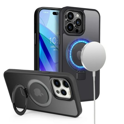 For iPhone 14 PRO MAX 6.7" Metal Chrome Kickstand [Magnetic Circle] Shockproof Matching Camera Hybrid - Black