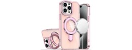 For iPhone 14 PRO MAX 6.7" Metal Chrome Kickstand [Magnetic Circle] Shockproof Matching Camera Hybrid - Pink