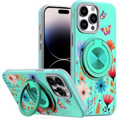For iPhone 14 PRO MAX 6.7" Metal Diamond CD Pattern Design Matte Finished Hybrid with Rotational Ring [Car Mount Friendly] Case - 11