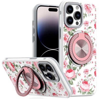 For iPhone 14 PRO MAX 6.7" Metal Diamond CD Pattern Design Matte Finished Hybrid with Rotational Ring [Car Mount Friendly] Case - 3