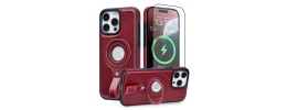 For iPhone 14 PRO MAX 6.7" PU Leather with inner [Magnetic Circle] Colored Metal Buttons - Burgundy