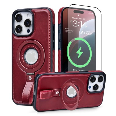For iPhone 14 PRO MAX 6.7" PU Leather with inner [Magnetic Circle] Colored Metal Buttons - Burgundy