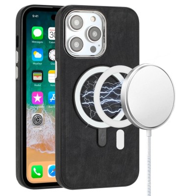 For iPhone 14 PRO MAX 6.7" Premium Matching [Magnetic Circle] & Camera Edge Color Chrome Hybrid Design - Black