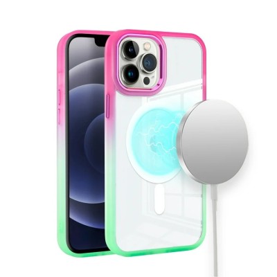 For iPhone 14 PRO MAX 6.7" Radiant Two Tone [Magnetic Circle] ShockProof Transparent Thick Shockproof Hybrid - Blue/Hot Pink