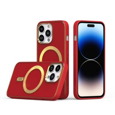 For iPhone 14 PRO MAX 6.7" SQUARE Hearts Passion [Magnetic Circle] Design Ornaments Chrome Hybrid - Red