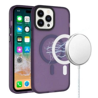 For iPhone 14 PRO MAX 6.7" Shockproof Hybrid [Magnetic Circle] with Stand - Clear/Purple