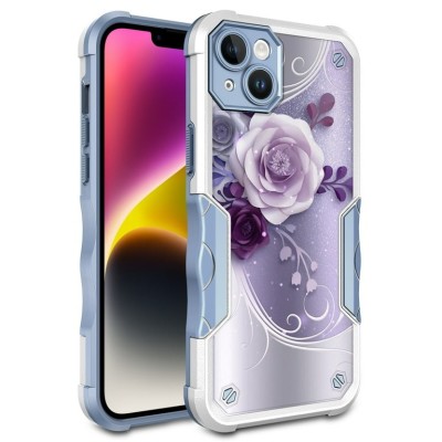 For iPhone 14 PRO MAX 6.7" Splendid Floral Designs with Metal Camera and Buttons with Butterfly Ring Stand Hybrid Case - Black