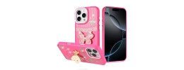 For iPhone 14 PRO MAX 6.7" Splendid Floral Designs with Metal Camera and Buttons with Butterfly Ring Stand Hybrid Case - Hot Pink