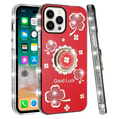 For iPhone 14 PRO MAX 6.7" Splendid Glitter with Diamonds All Around Edges Ring Stand Case Cover - Red
