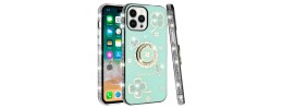 For iPhone 14 PRO MAX 6.7" Splendid Glitter with Diamonds All Around Edges Ring Stand Case Cover - Teal