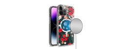 For iPhone 14 PRO MAX 6.7" Stick-On Embedded Glass Diamonds of Colorful Floral Arrangement HQ Hybrid Case - Red
