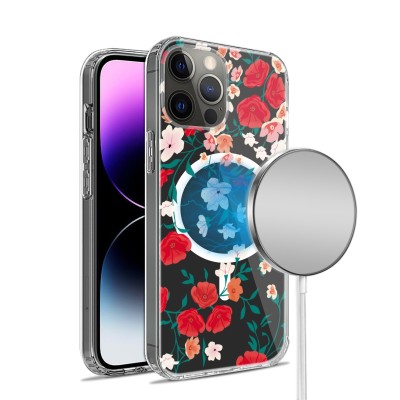 For iPhone 14 PRO MAX 6.7" Stick-On Embedded Glass Diamonds of Colorful Floral Arrangement HQ Hybrid Case - Red
