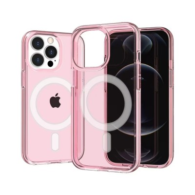 For iPhone 14 PRO MAX 6.7" Sturdy Ultra [Magnetic Circle] Thick 3mm Transparent Hybrid - Pink