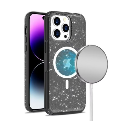 For iPhone 14 PRO MAX 6.7" Transparent Glitter [Magnetic Circle] ShockProof Tough 2.0mm Thick Hybrid - Black