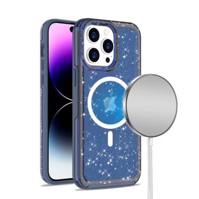 For iPhone 14 PRO MAX 6.7" Transparent Glitter [Magnetic Circle] ShockProof Tough 2.0mm Thick Hybrid - Blue