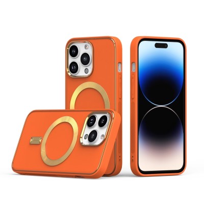 For iPhone 14 PRO MAX 6.7" Ultimate PU Leather [Magnetic Circle] Beautiful Hybrid - Orange