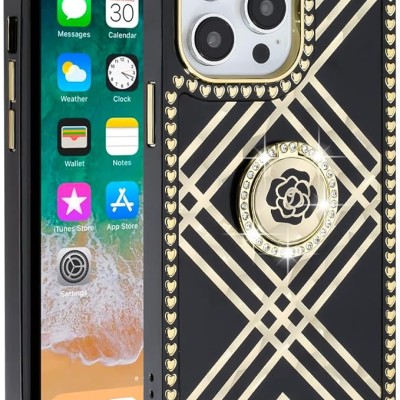 For Apple iPhone 14 PRO 6.1" SQUARE Passion Glitter Diamond Ring Stand Case Cover - BLACK CHROME G