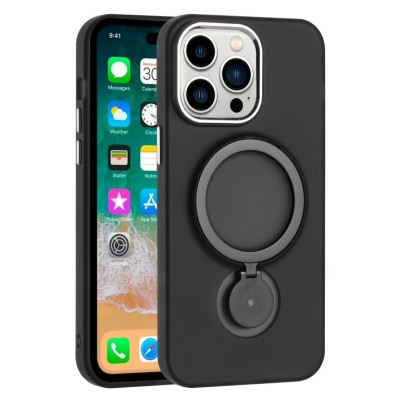 For iPhone 14 Plus 6.7" Hoop Kickstand [Magnetic Circle] HD Transparent Chrome Hybrid - Black