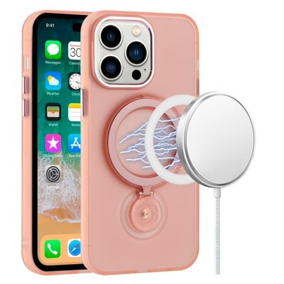 For iPhone 14 Plus 6.7" Hoop Kickstand [Magnetic Circle] HD Transparent Chrome Hybrid - Pink