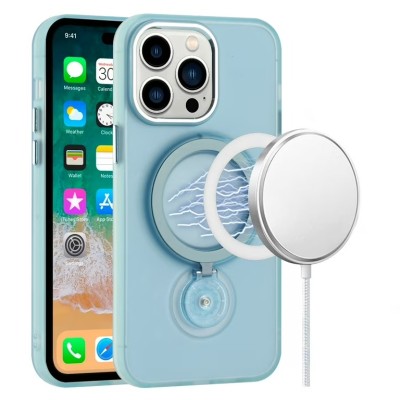 For iPhone 14 Plus 6.7" Hoop Kickstand [Magnetic Circle] HD Transparent Chrome Hybrid - Sky Blue